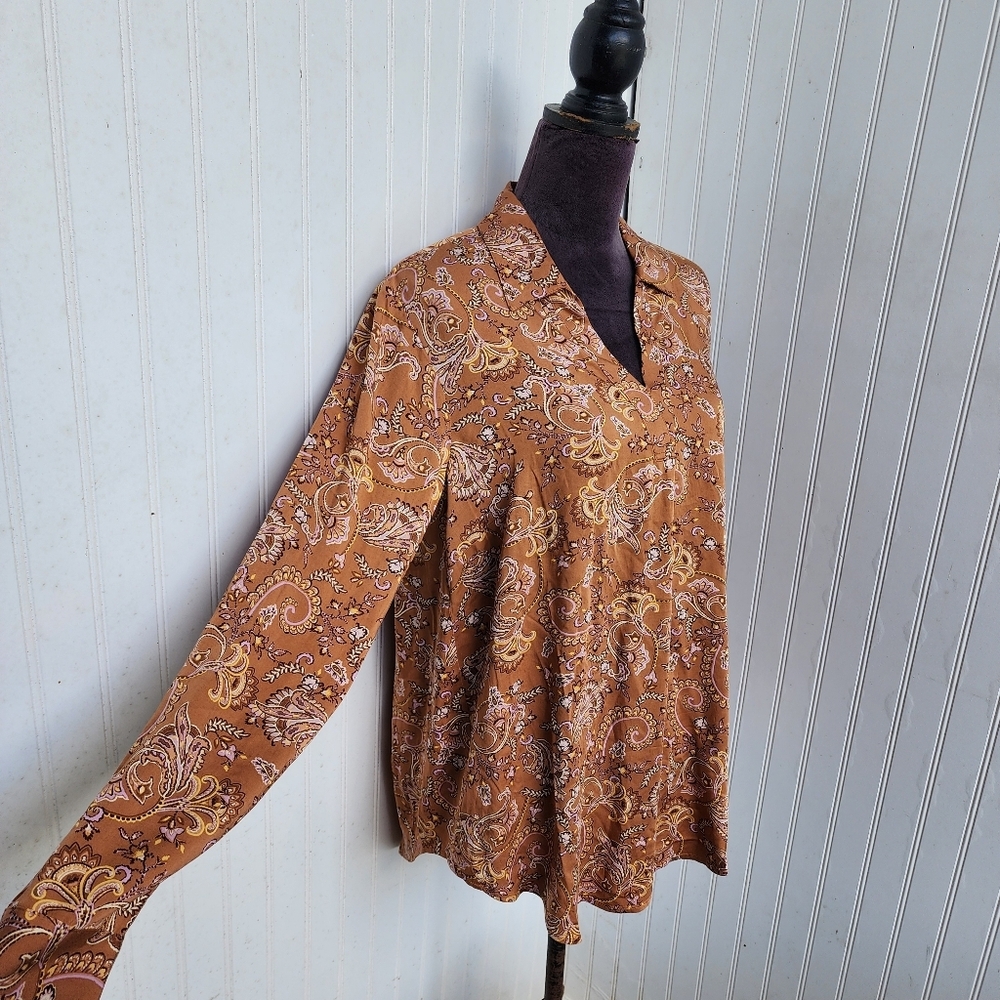 NWT $99 J Jill Paisley Print Blouse V-Neck Long Sleeve Tunic Top Brown Size M - Picture 2 of 14